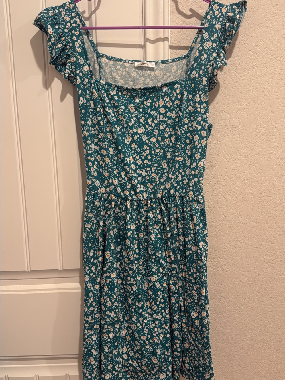 Teal Floral Ruffle-Sleeve Casual Dress